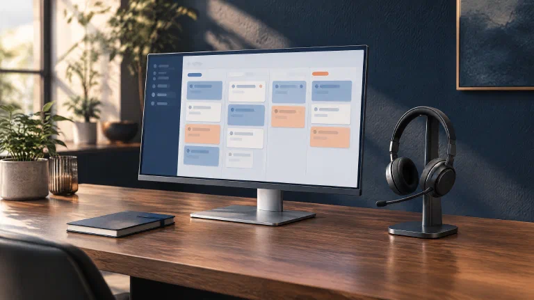 Рабочее место с CRM на мониторе и телефонной гарнитурой